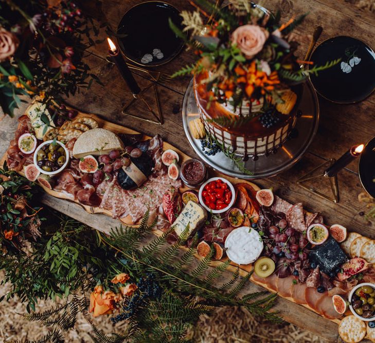 Grazing Board Wedding Food Semi Naked Cake With Drip Icing For Autumnal Wedding Reception At Patrick's Barn With Images By Brigitte &amp; Thierry Photography