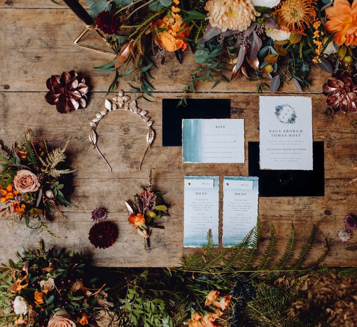 Blue And White Wedding Stationery Suite // Grazing Board Wedding Food Semi Naked Cake With Drip Icing For Autumnal Wedding Reception At Patrick's Barn With Images By Brigitte &amp; Thierry Photography