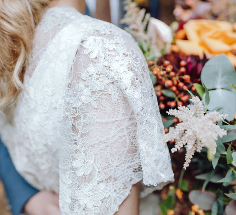 Autumnal Outdoor Wedding Reception In A Woodland // Balloon And Floral Arch For Wedding Ceremony At Patrick's Barn Woodland Industrial Wedding Venue With Grazing Board Style Food Images By Brigitte &amp; Thierry Photography