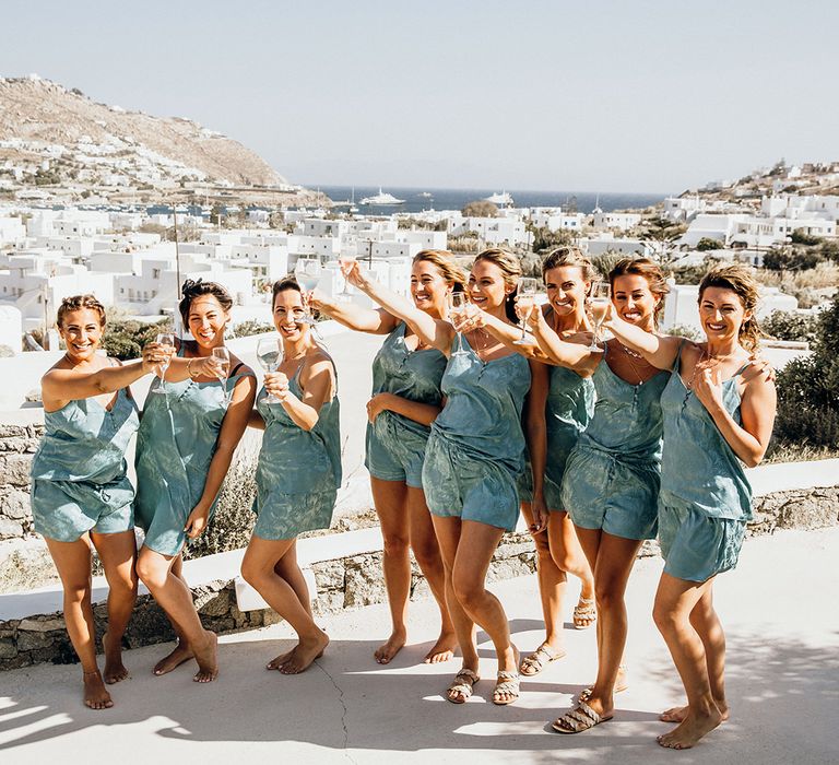 Bridal party in matching pyjamas during preparations