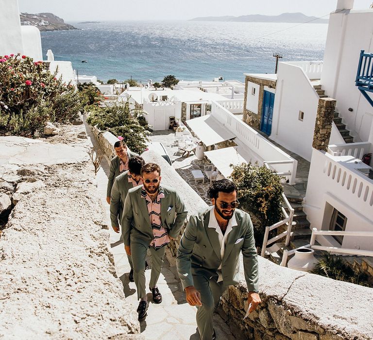 Groom with groomsmen at destination wedding in Mykonos