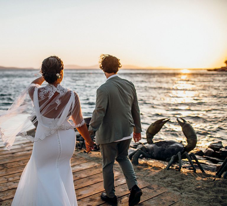 Bride and groom during Mykonos sunset