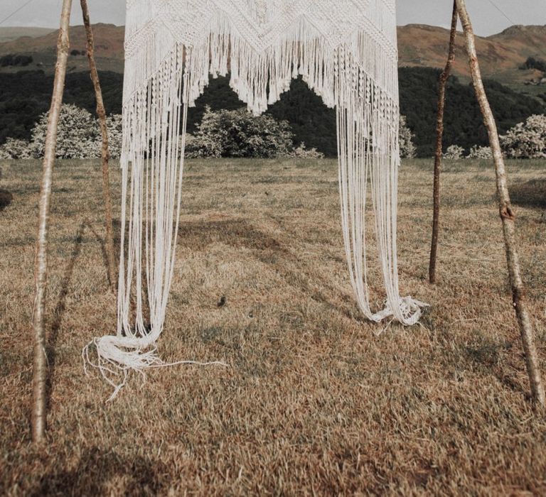 Outdoor Wedding Ceremony with Macrame Altar Backdrop