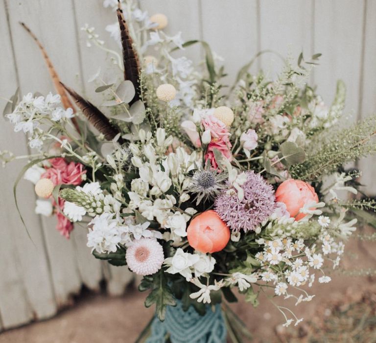 Wildflower Wedding Bouquet with Pink Peonies and Macrame