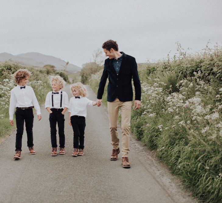 Groom and His Three Children Walking Down the Country Lane