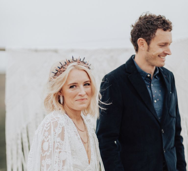 Boho Bride in Lace Rue de Seine Wedding Dress and Crown and Groom in Blazer and Chinos