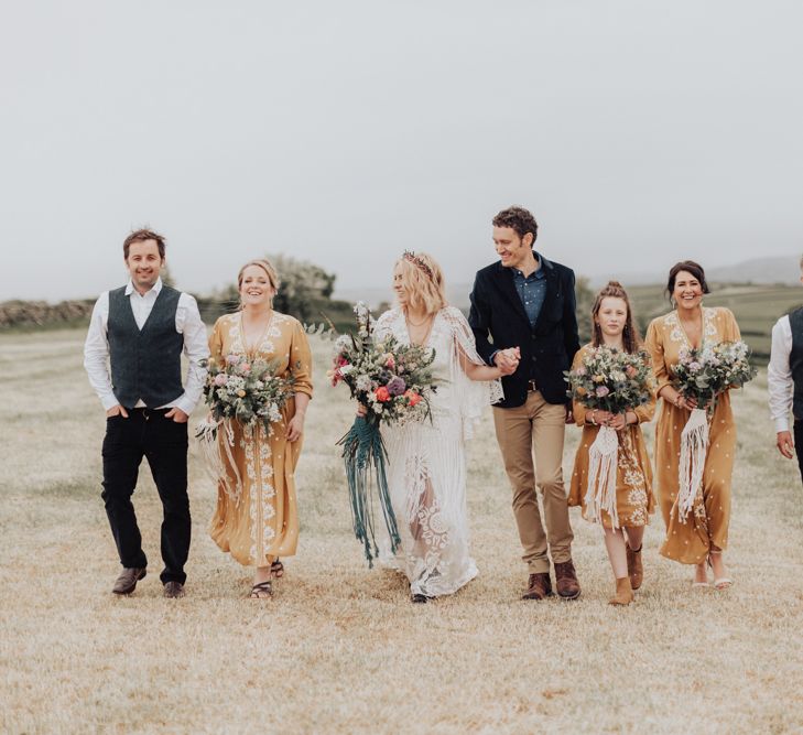 Boho Wedding Party  Walking Through the Field