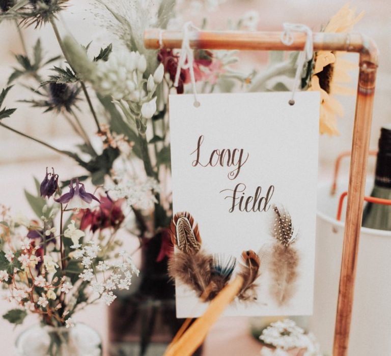 Copper Frame Table Number Sign with Feathers