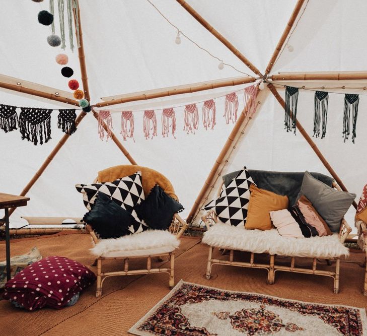 Chill Out Zone with Wicker Chairs, Macrame Bunting and Moroccan Rugs