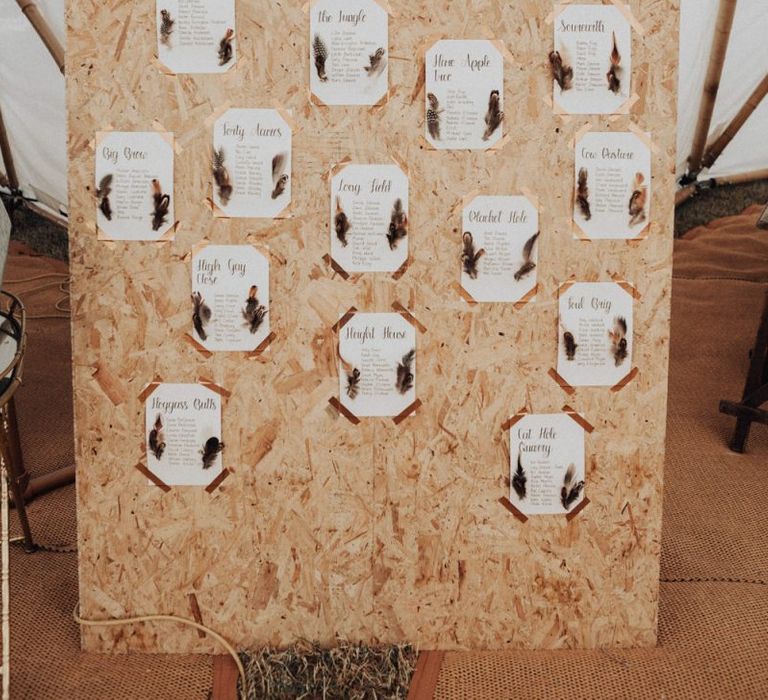 Large Plywood Seating Chart with Feather Wedding Decor