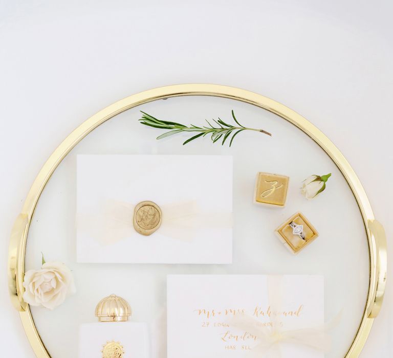 Gold &amp; Glass Platter with Wedding Invitation