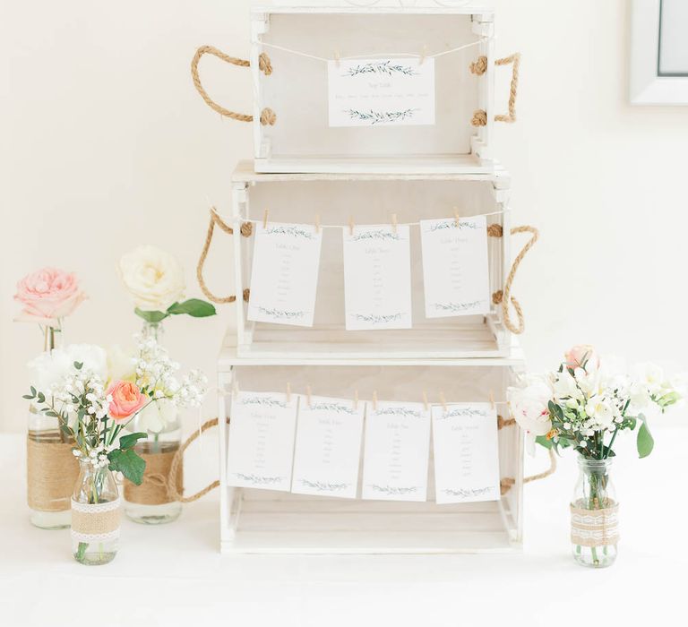 Wooden Box Table Plan // Hyde House Cotswolds Wedding With Coral Charm Peonies And Bridesmaids With Floral Hoop Bouquets Images From White Stag Wedding Photography Film Dan Dolan