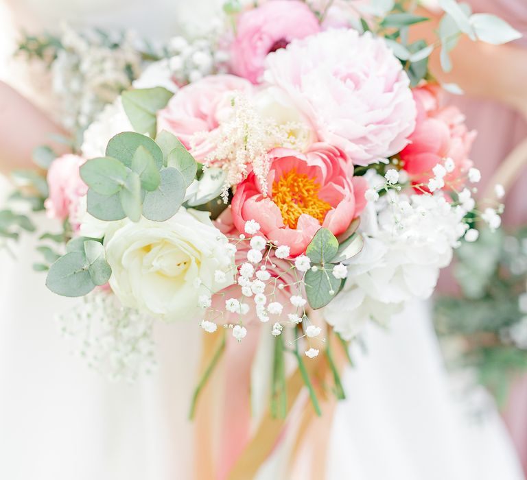 Hyde House Cotswolds Wedding With Coral Charm Peonies And Bridesmaids With Floral Hoop Bouquets Images From White Stag Wedding Photography Film Dan Dolan