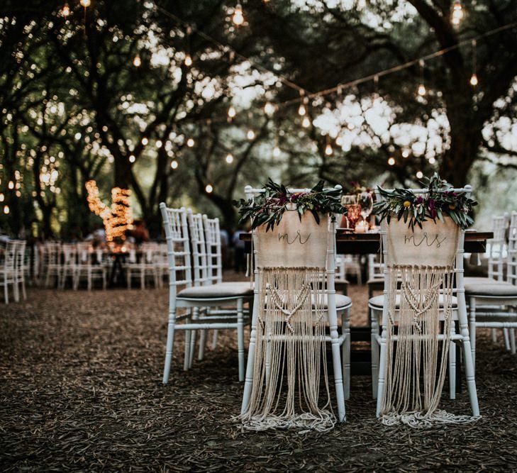 Wedding chair decor for bride and groom with macrame