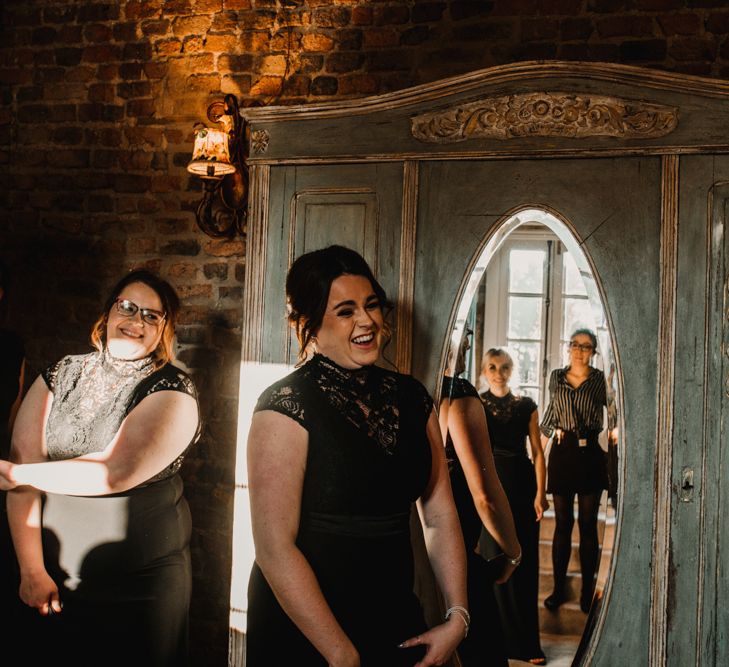 Wedding Morning Bridal Preparations with Bridesmaid in Black Lace Dresses