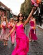 bridesmaids wearing hot pink mismatched bridesmaid dresses