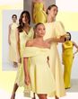 Collage of the best yellow bridesmaid dresses to shop online from Quiz, Nobody's Child, Coast, Club L London, Cider & more.