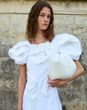 Gabriela Hearst designer sustainable wedding dress with puff sleeves in ivory linen