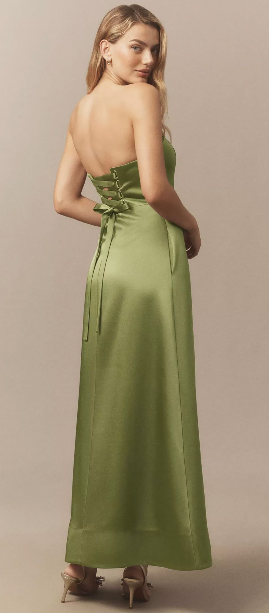 Fit and flare green spring bridesmaid dress with corset back