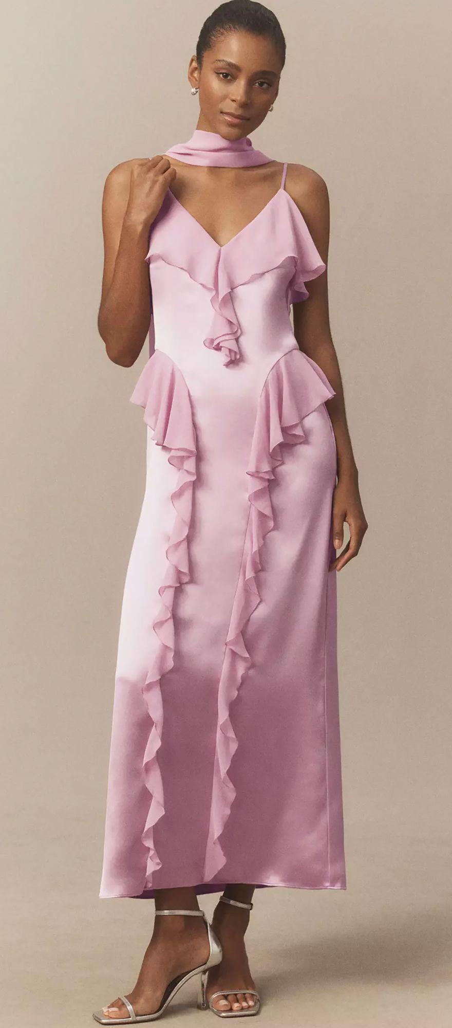 Lilac spring bridesmaid dress with ruffled detailing