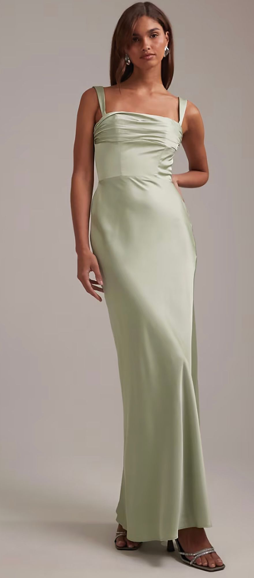 Sage green satin spring bridesmaid dress with column skirt