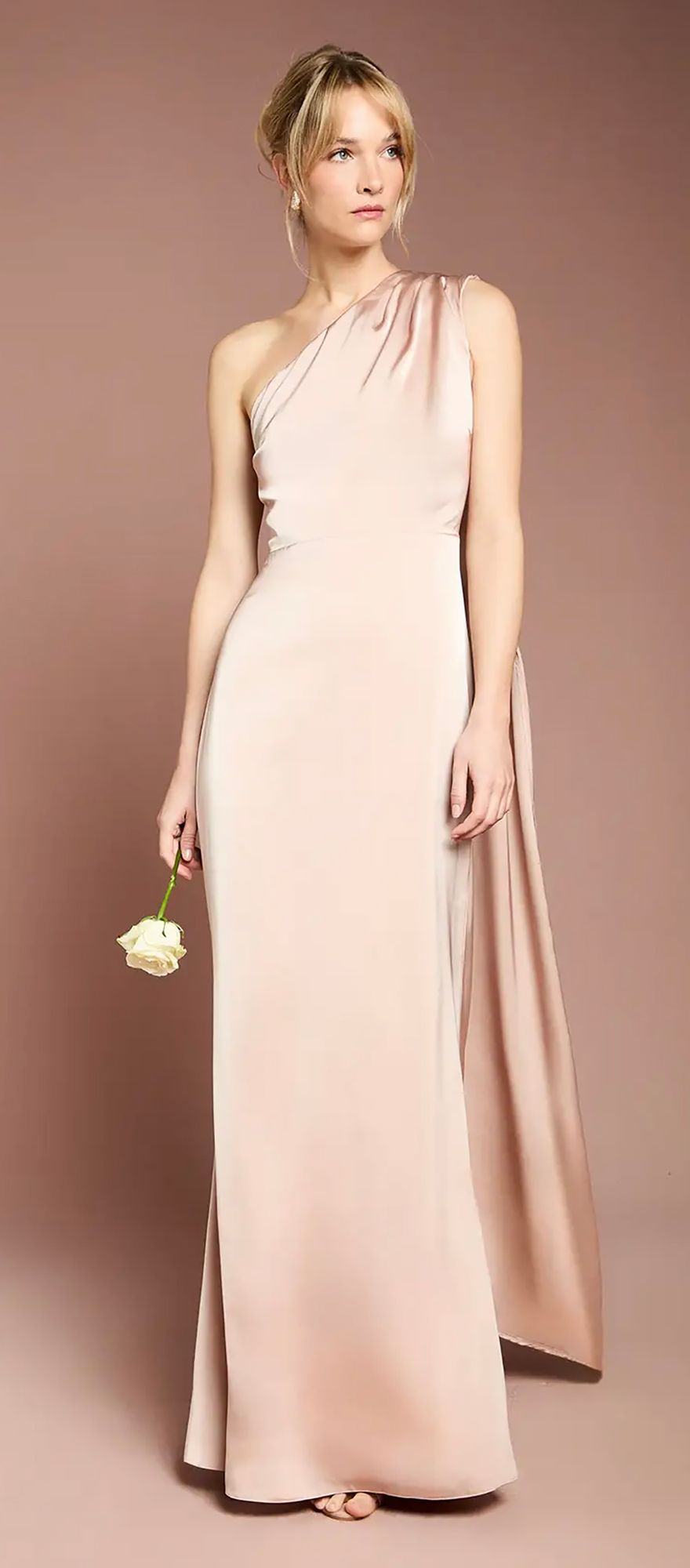 One shoulder satin spring bridesmaid dress in soft mocha