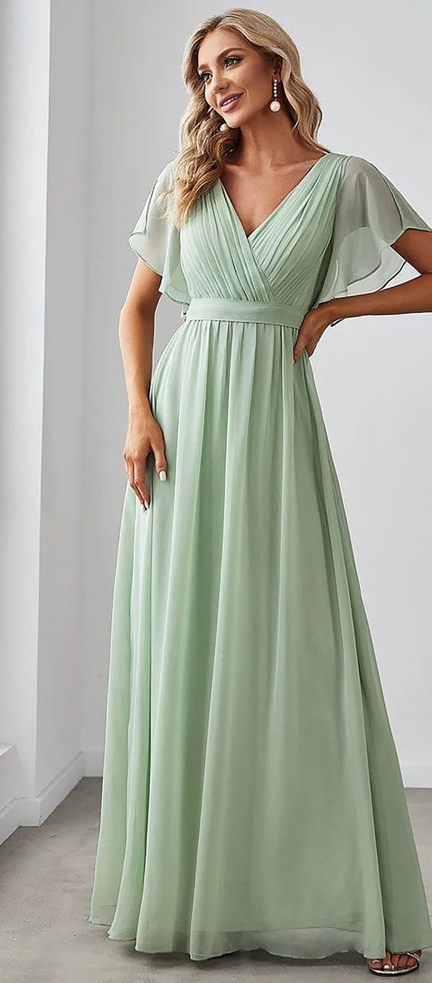 Mint green a line spring bridesmaid dress with flutter sleeves