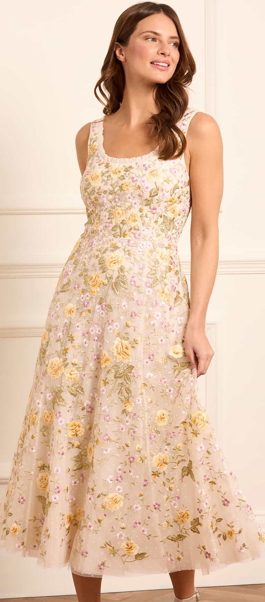 Champagne floral midi spring bridesmaid dress with full skirt