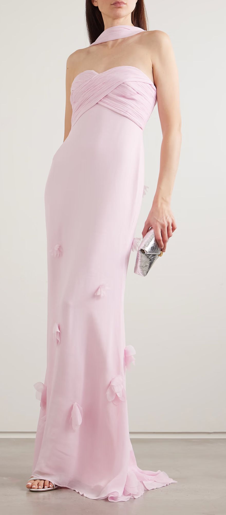 Light pink strapless spring bridesmaid dress with appliquéd detailing
