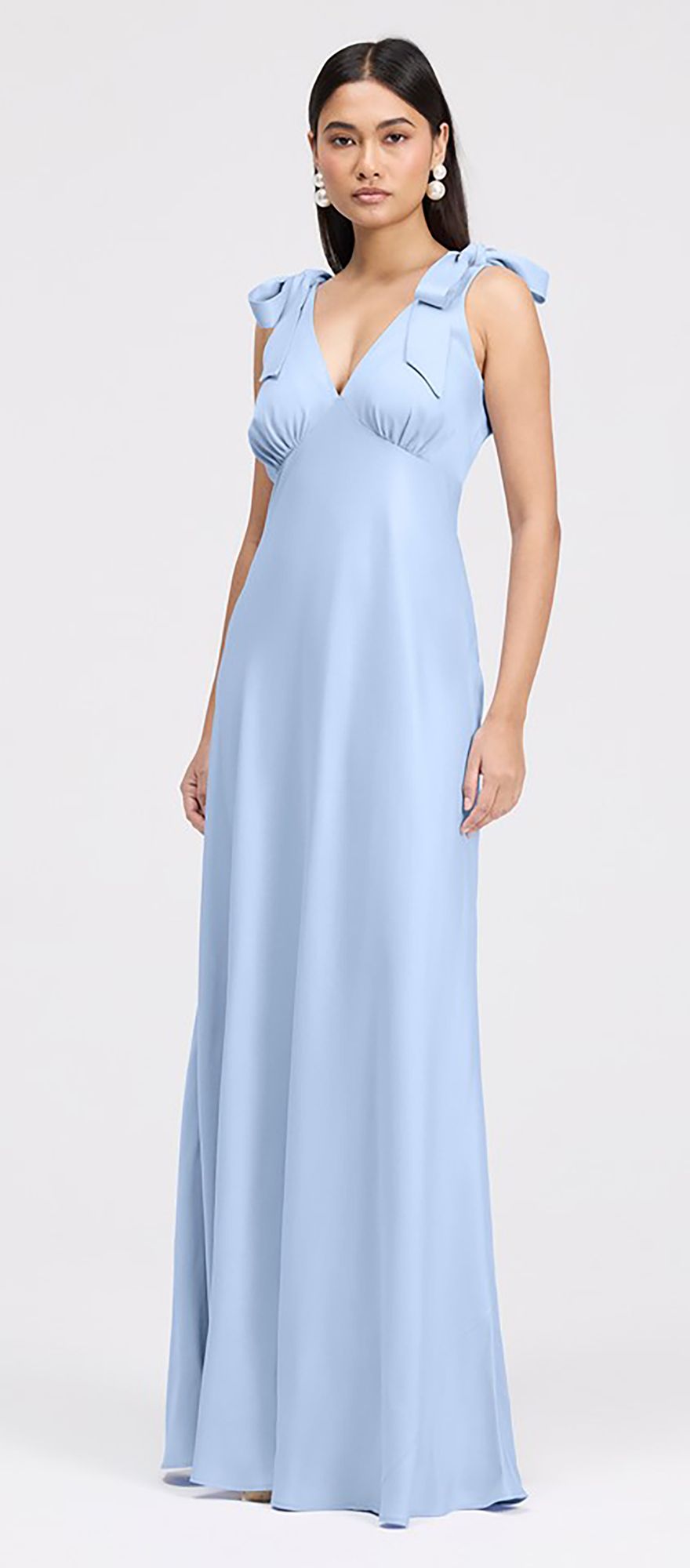Cornflower blue tie shoulder satin maxi spring bridesmaid dress