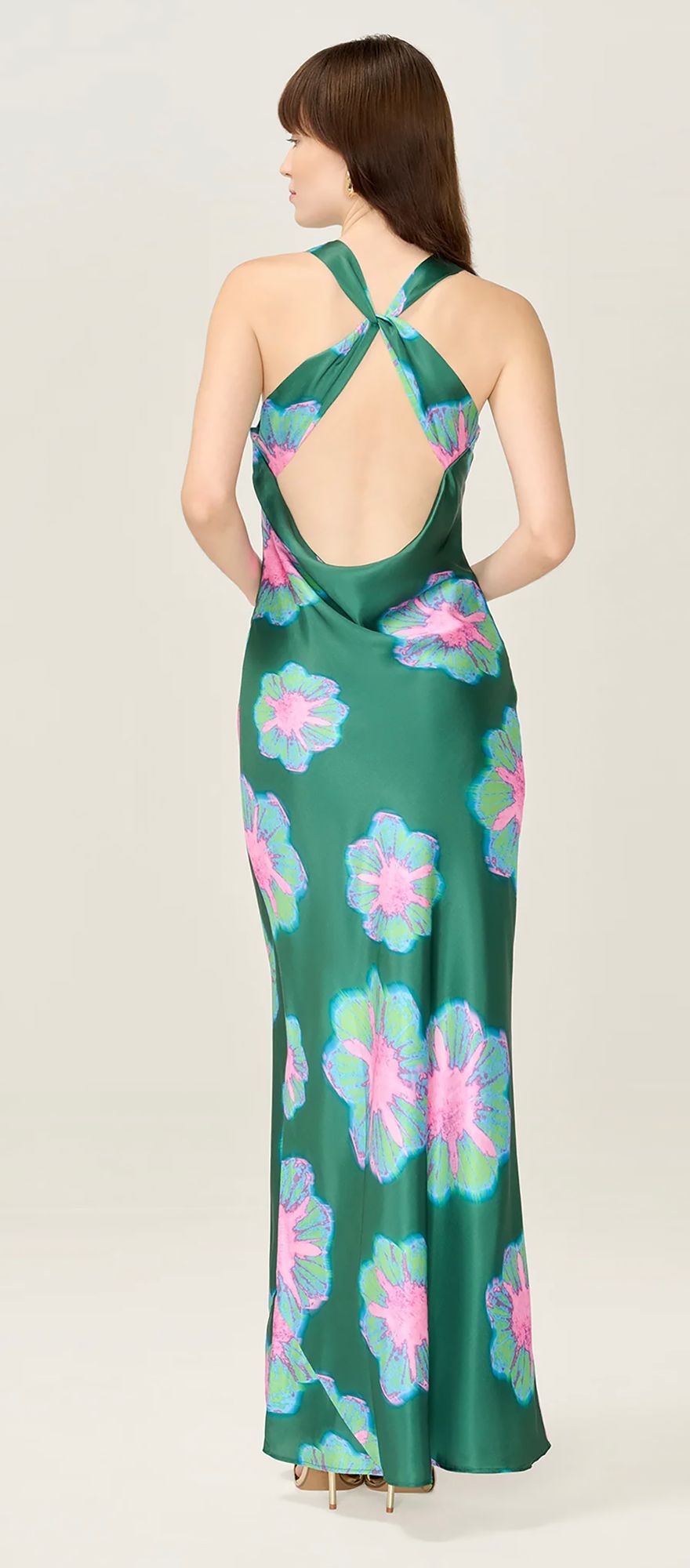 Forest green spring bridesmaid dress with statement floral print and open back