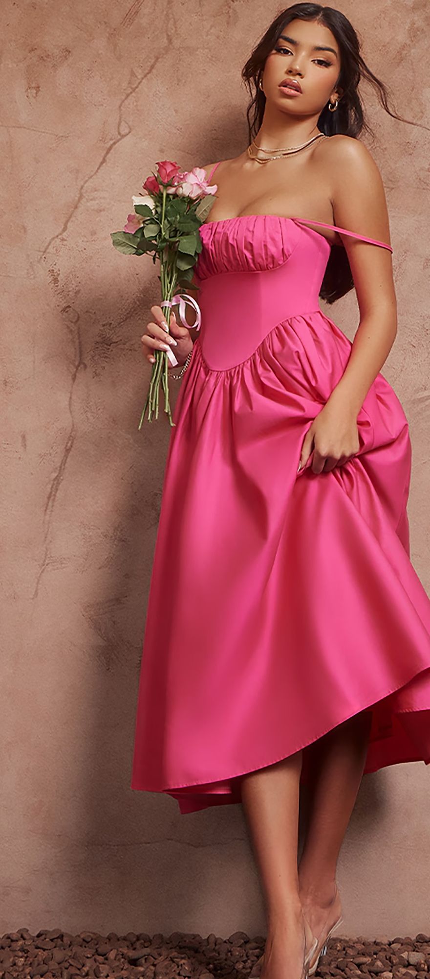 Hot pink spring bridesmaid dress in midaxi length