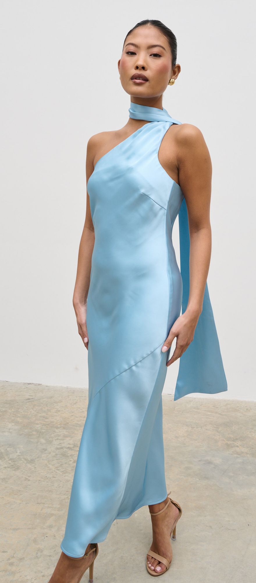 sky blue one shoulder summer bridesmaid dress with scarf