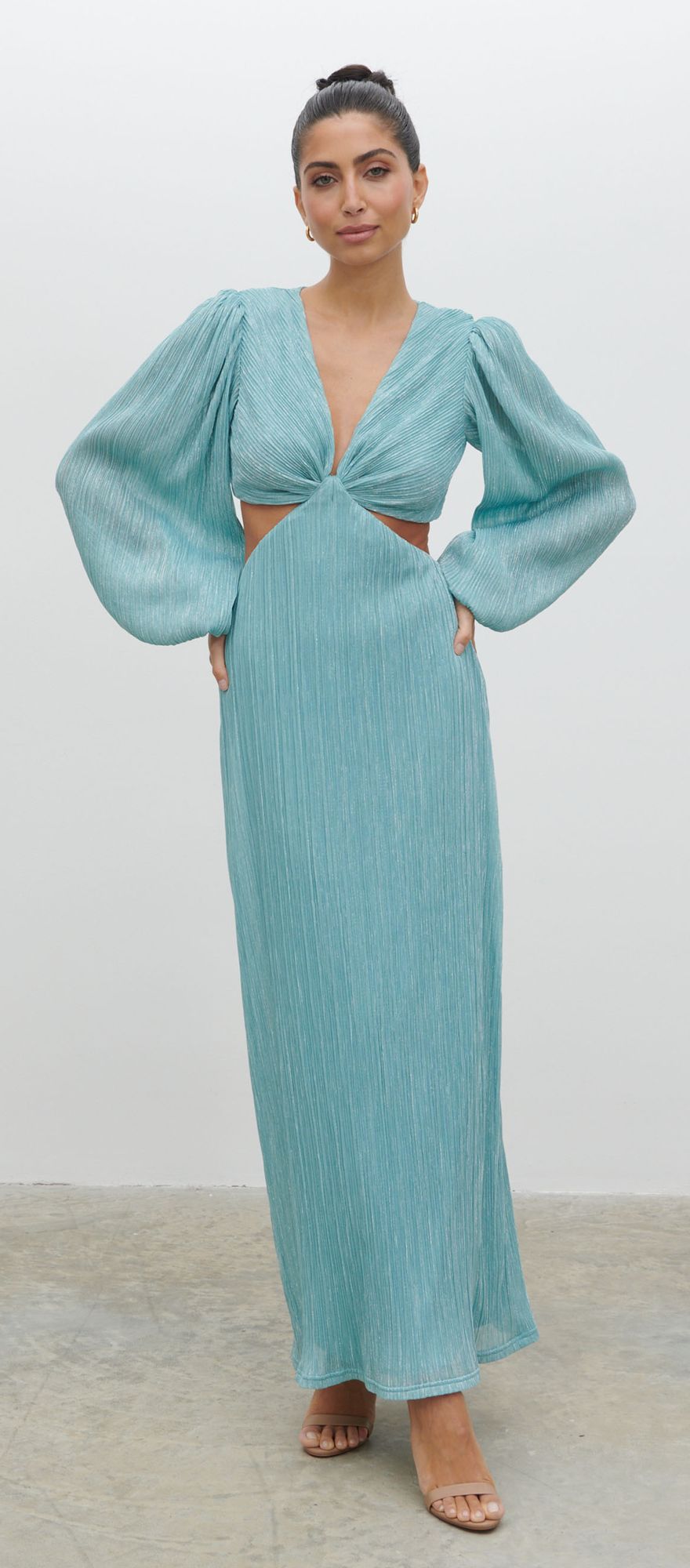 plisse metallic long sleeve summer bridesmaid dress