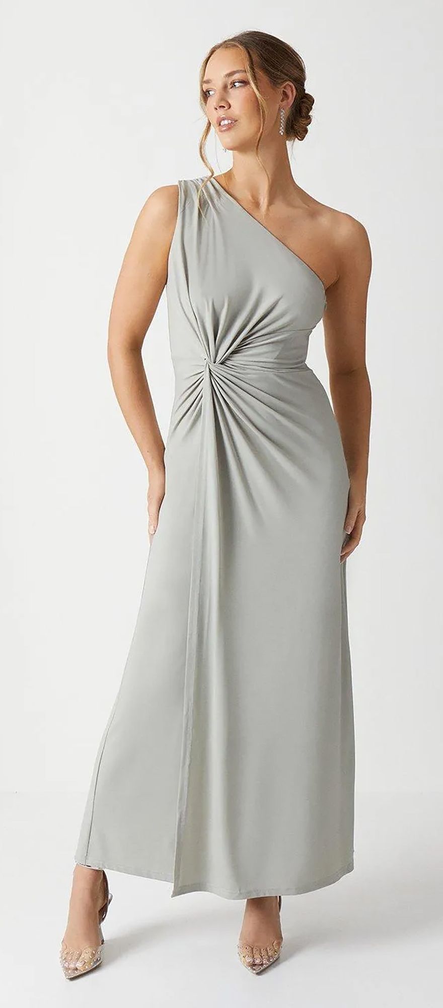 one shoulder jersey summer bridesmaid dress in sage green