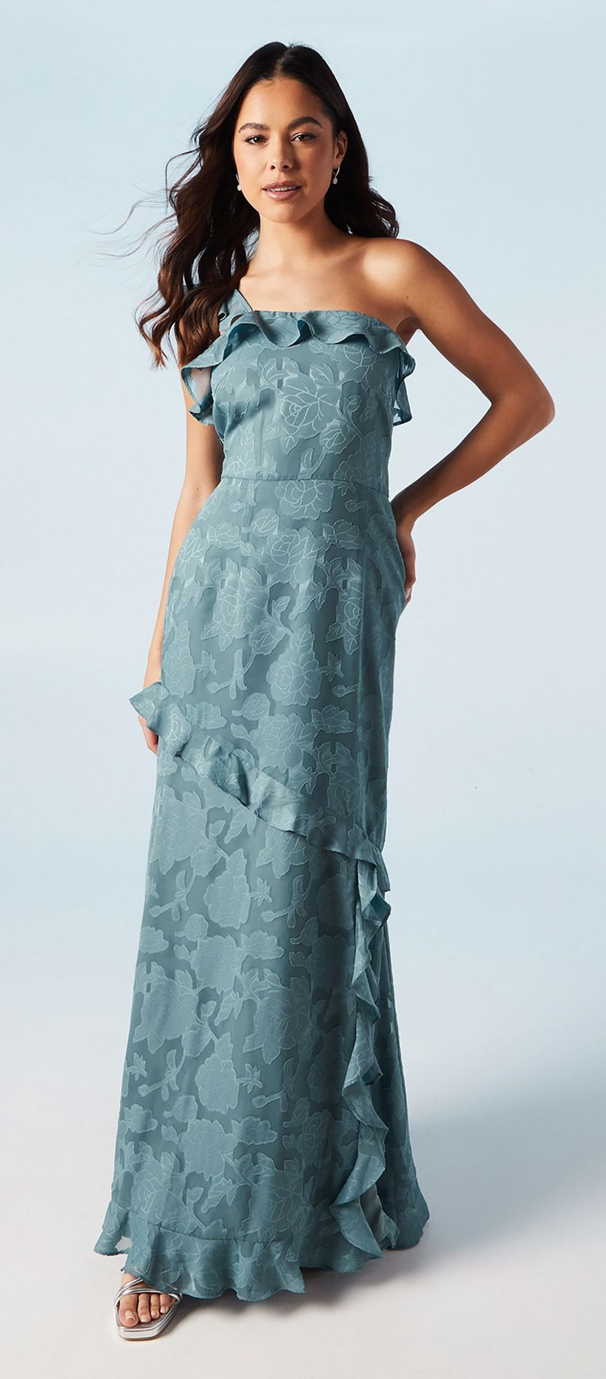 one shoulder ruffle floral summer bridesmaid dress