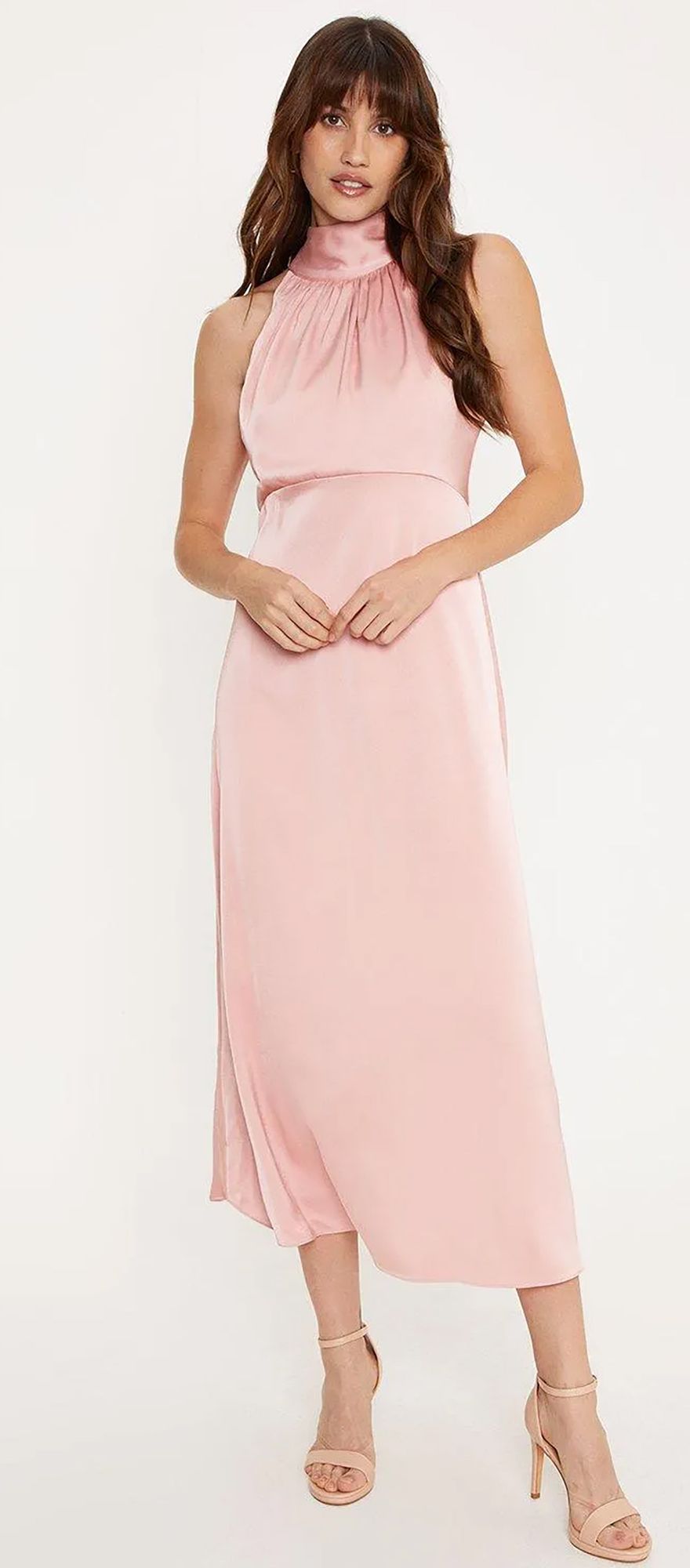 blush pink satin halter neck midi bridesmaids dress