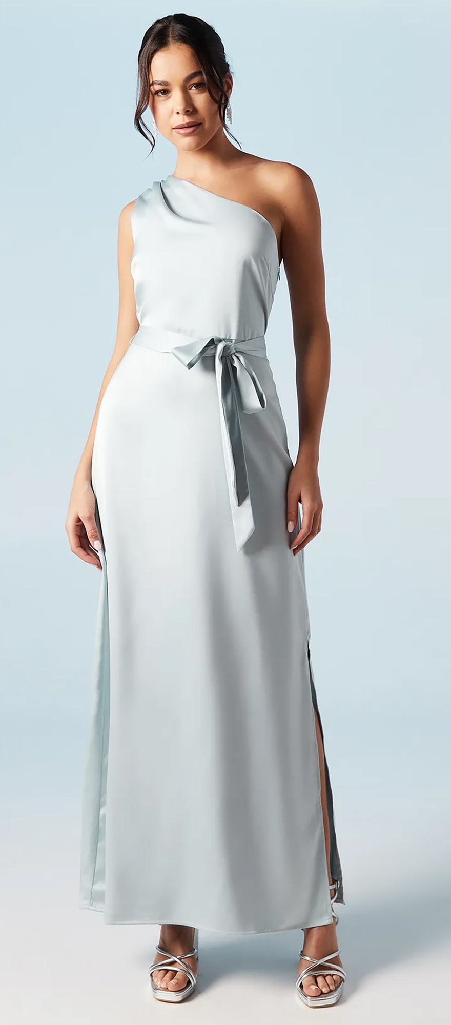light blue satin one shoulder maxi summer bridesmaid dress