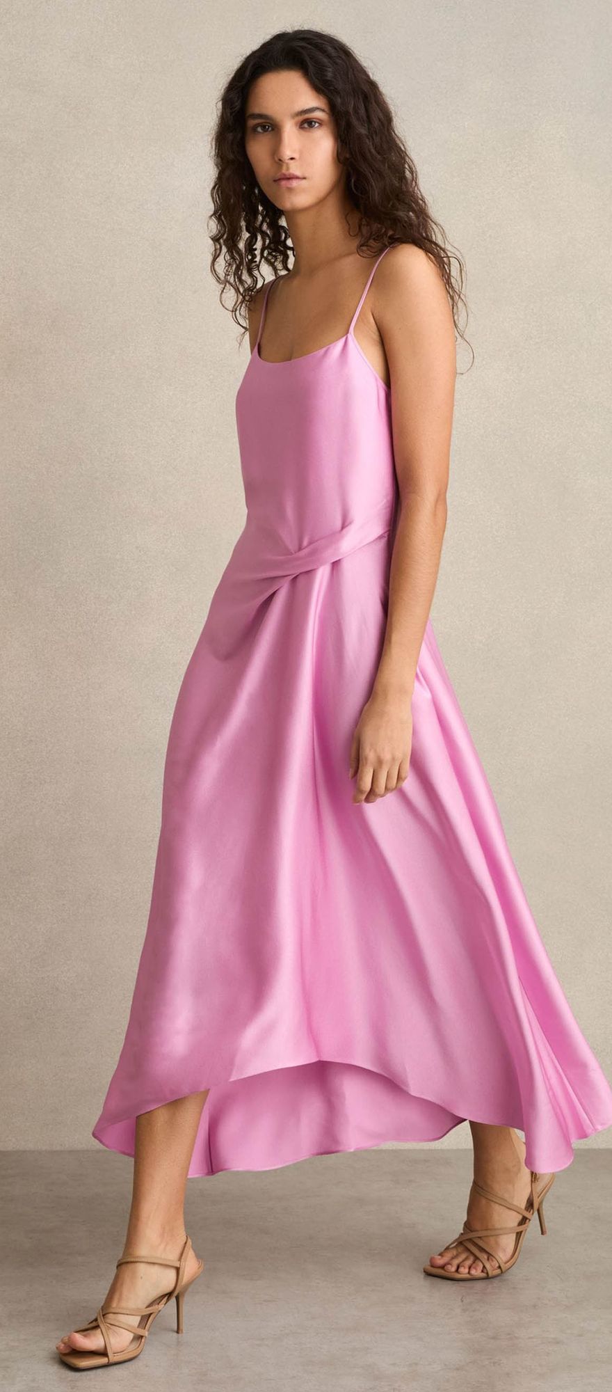 satin slip pink summer bridesmaid dress with drape detail