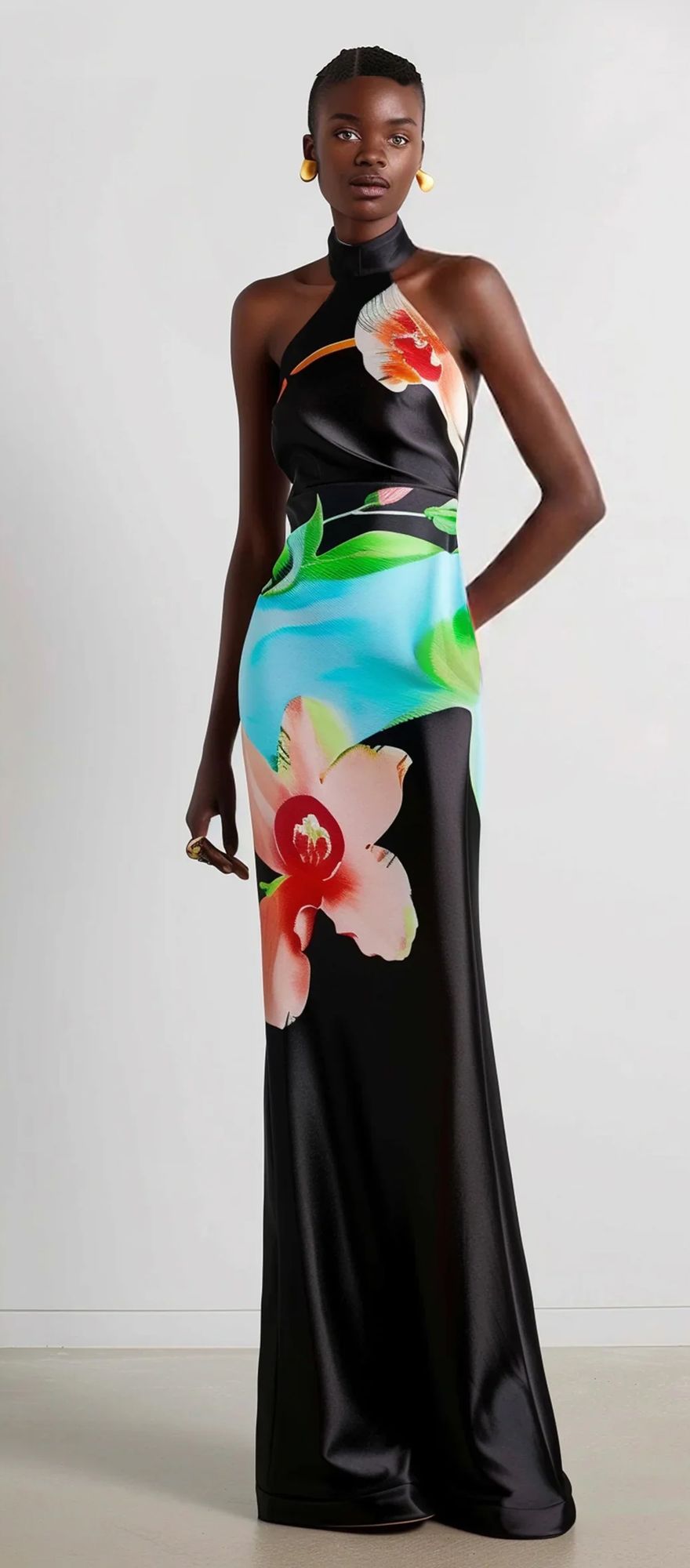 JW PEI black satin halter neck floral maxi black tie wedding guest dress
