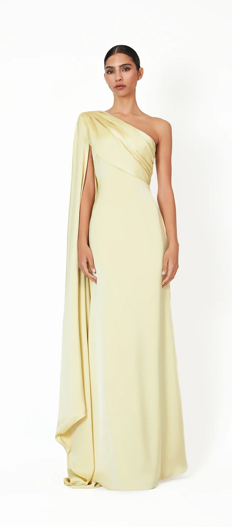 Khanum's yellow one shoulder satin maxi black tie wedding guest dress