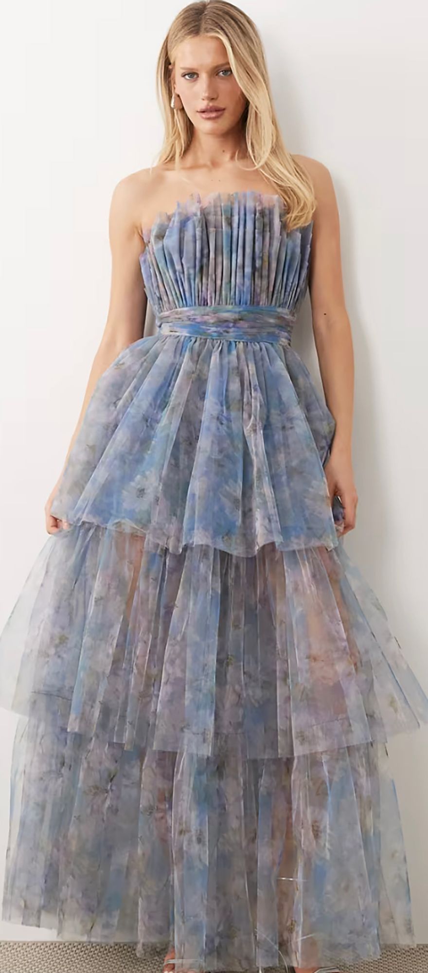 Lace & Beads blue floral tulle black tie wedding guest dress
