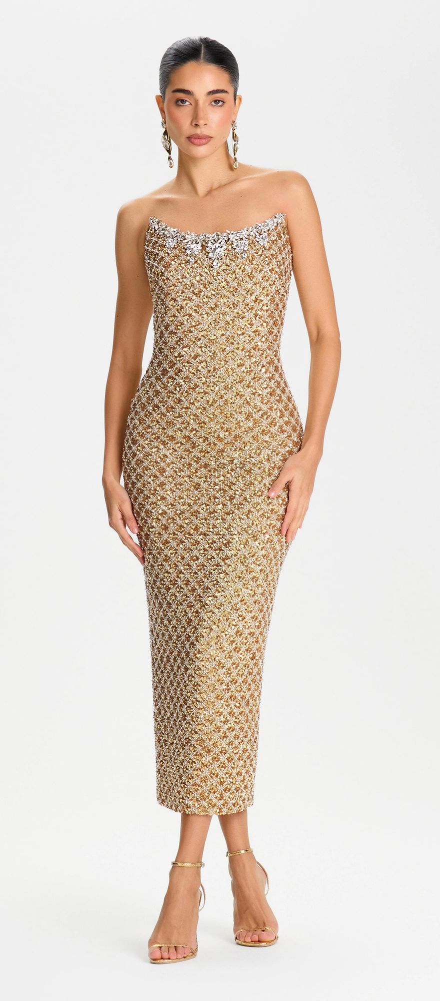 Nadine Merabi gold midi black tie wedding guest dress