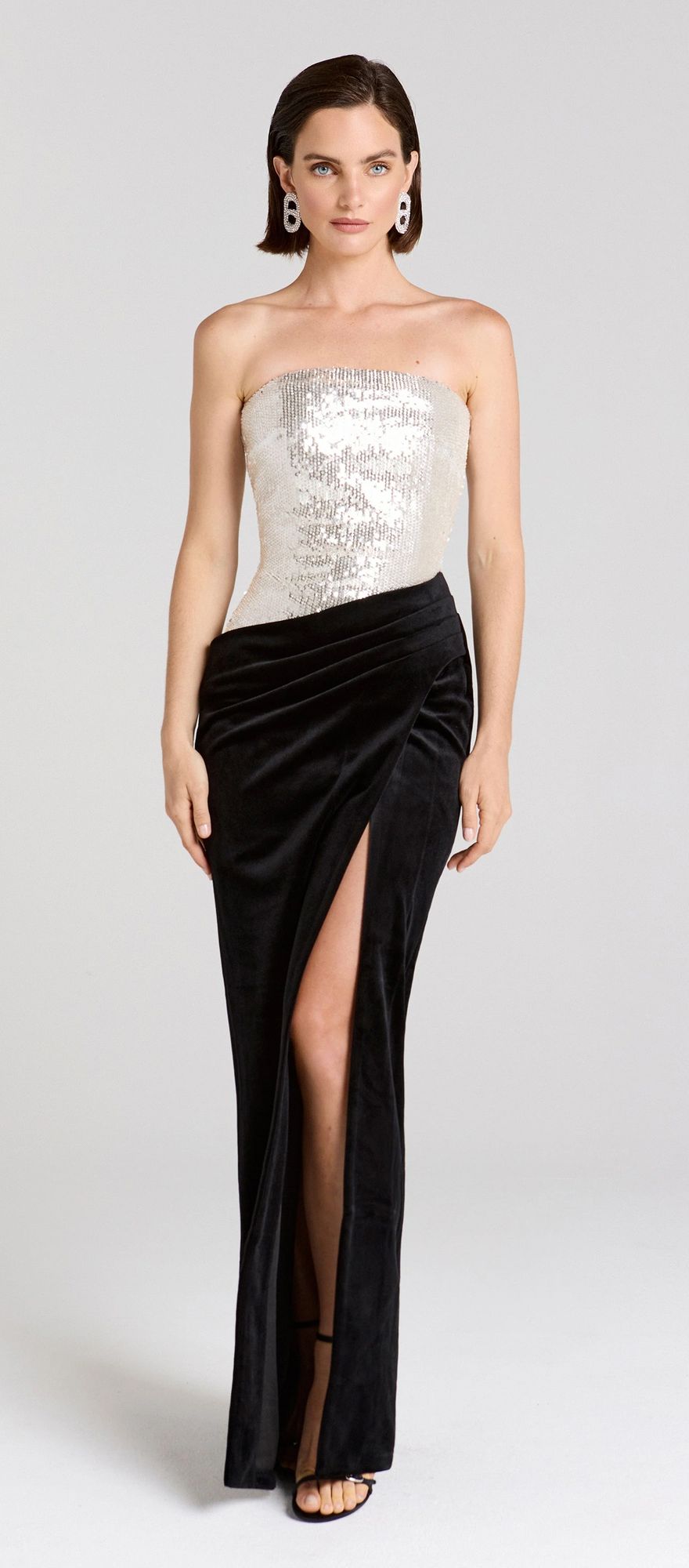 Nadine Merabi silver sequin and black velvet black tie wedding guest dress
