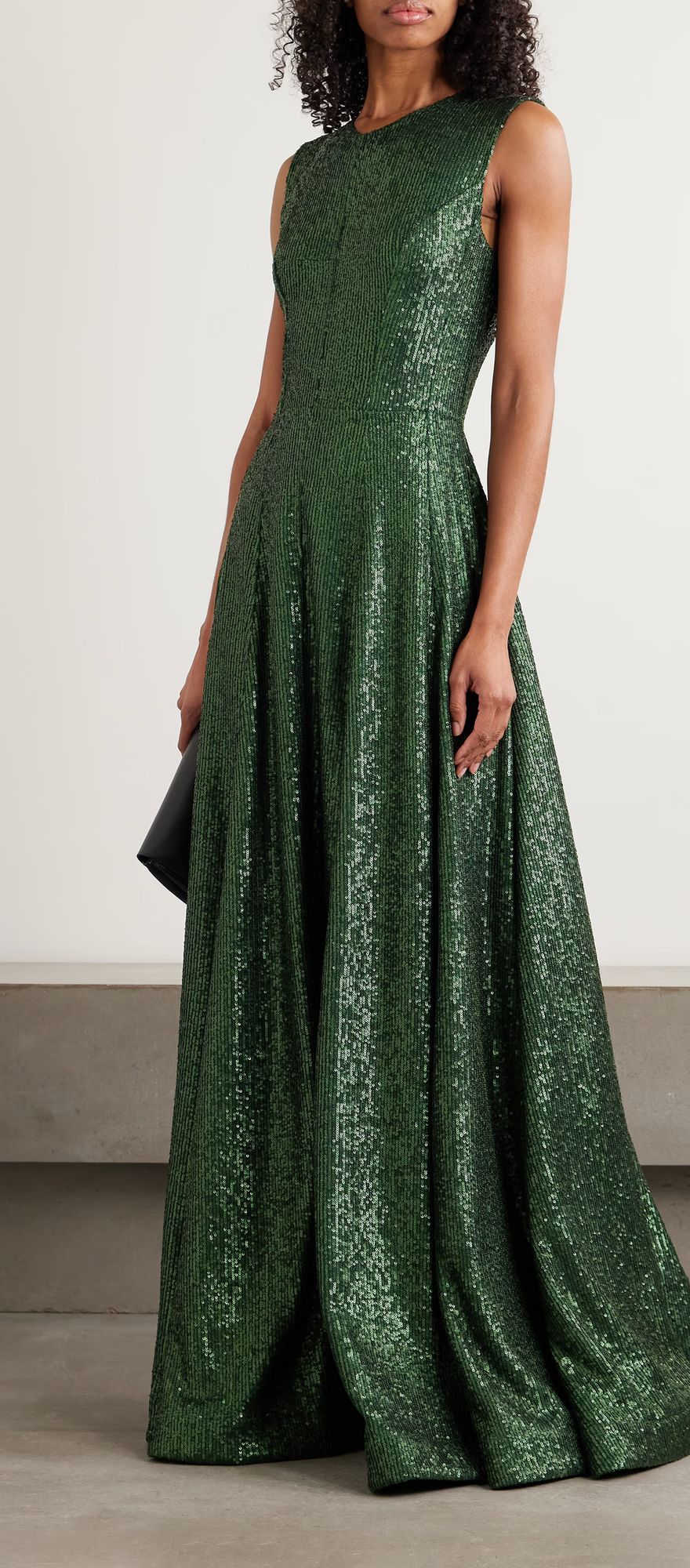 Norma Kamali green sequin maxi black tie wedding guest dress