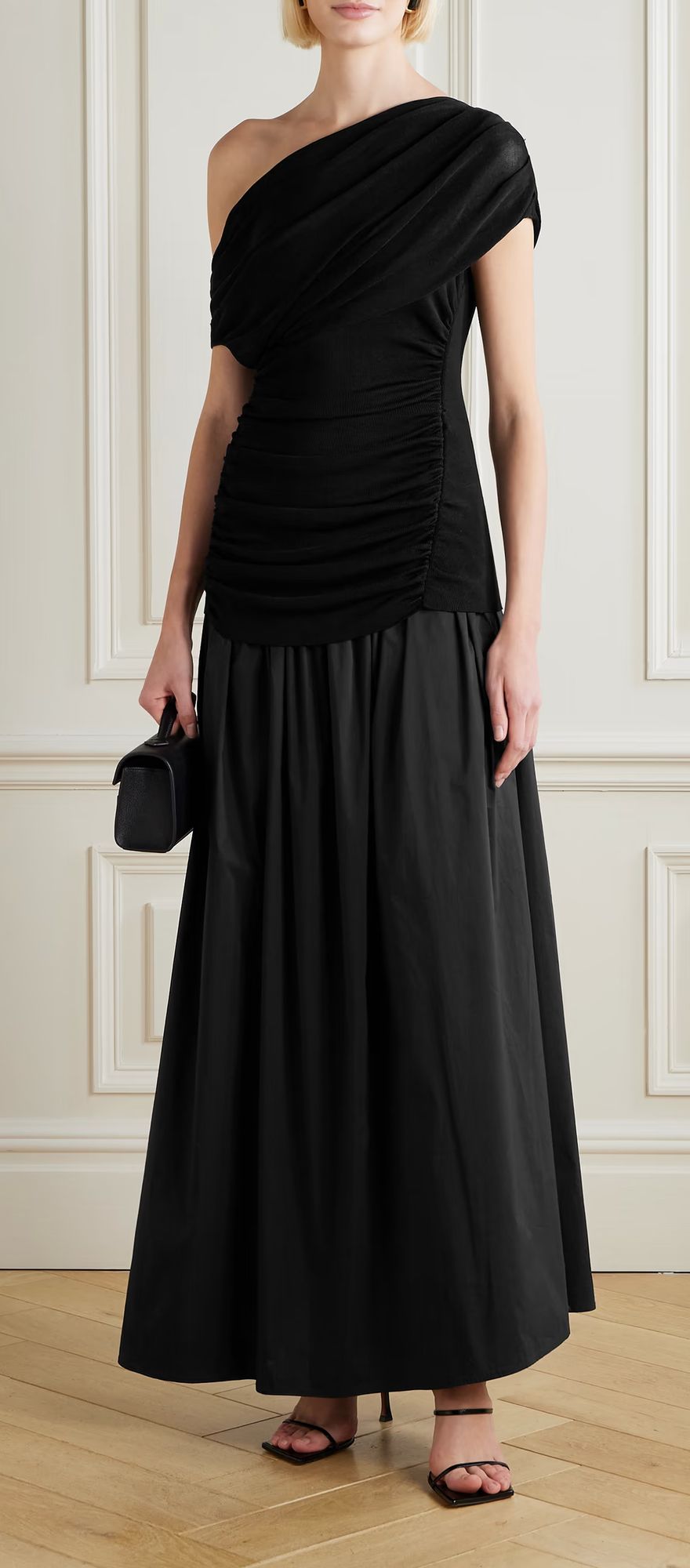 Self-Portrait black off the shoulder draped black tie wedding guest dress