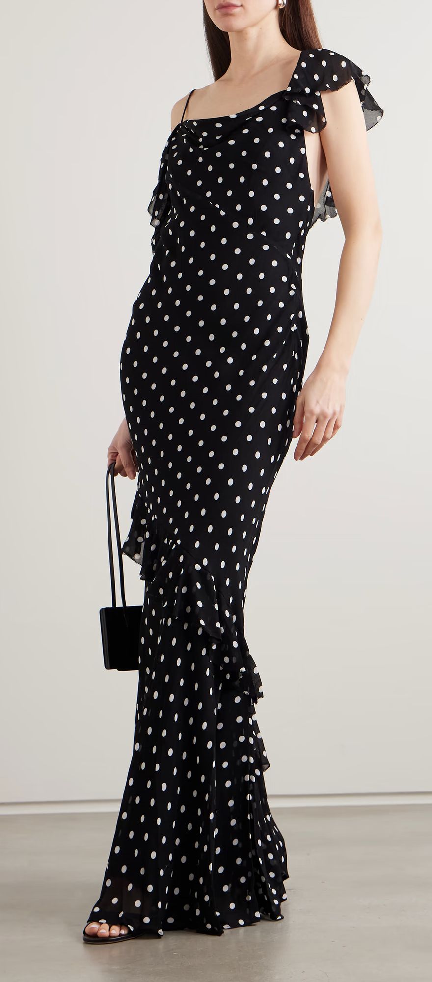 Self-Portrait one shoulder asymmetric ruffled polka dot black tie wedding guest dress