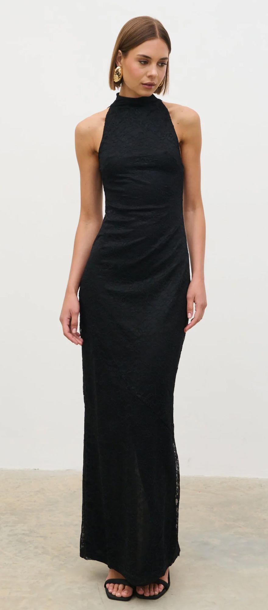 Pretty Lavish black lace backless black tie wedding guest dress