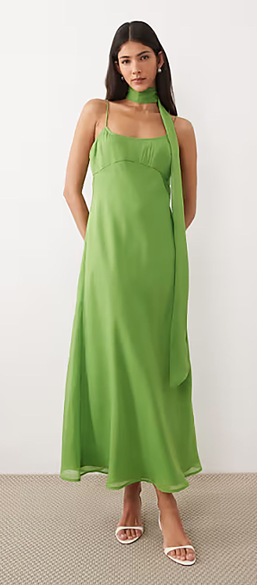 ASOS DESIGN green slip casual midi wedding guest dress with scarf