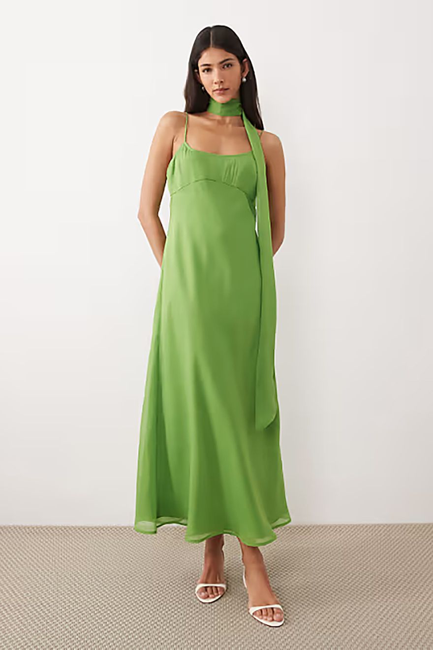 ASOS DESIGN green slip casual midi wedding guest dress with scarf